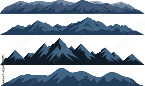 Blue mountain range vector set with layered alpine peaks and natural landscape panoramas, mountain skyline collection isolated on light background for nature design