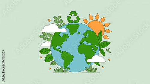 Earth with green leaves and recycling symbol surrounded by sun clouds and grass on a light green background representing eco friendly and sustainable living