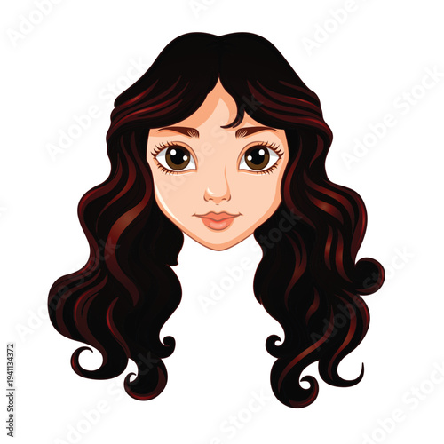 is a vector illustration of a girl's face with long, wavy, dark brown hair.