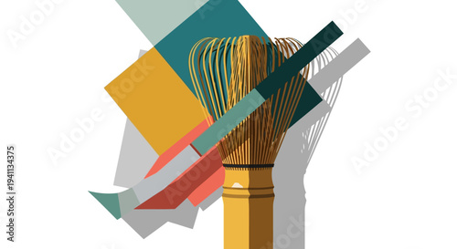 Matcha Whisk and Geometric Shapes Abstract Background