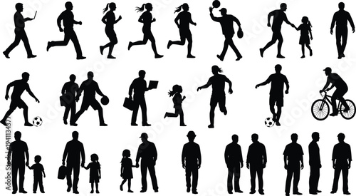 People activity silhouette set showing walking running family sports cycling business characters black human figures vector illustration collection