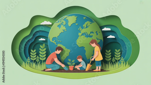 Family planting trees around the earth symbolizing environmental care and sustainability