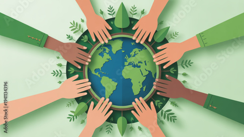 Diverse hands touching the earth surrounded by green leaves on a light green background symbolizing global unity and environmental conservation