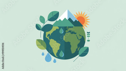 Earth with mountains leaves and sun symbolizing nature and conservation efforts with eco friendly elements