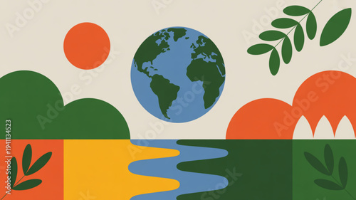 Earth surrounded by green leaves blue water and vibrant orange sun on beige background representing eco friendly environment and sustainability