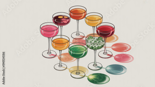 Colorful wine glasses with various drinks and spills on light background for party concepts