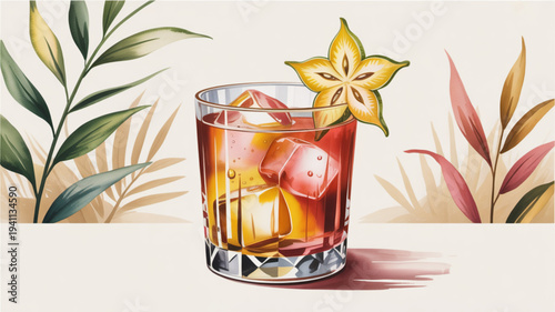 Refreshing summer cocktail with starfruit garnish in a glass with ice cubes on a table with tropical leaves