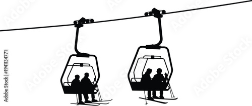 Silhouette illustration of skiers riding chairlift cable car on mountain ski resort, winter sports transportation concept isolated on light background minimal design graphic