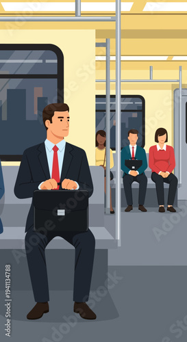 Businessman commuting on subway, holding briefcase, looking out window