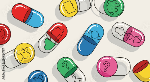 Colorful Capsules with Symbols: Healthcare, Science, and Mystery Concepts
