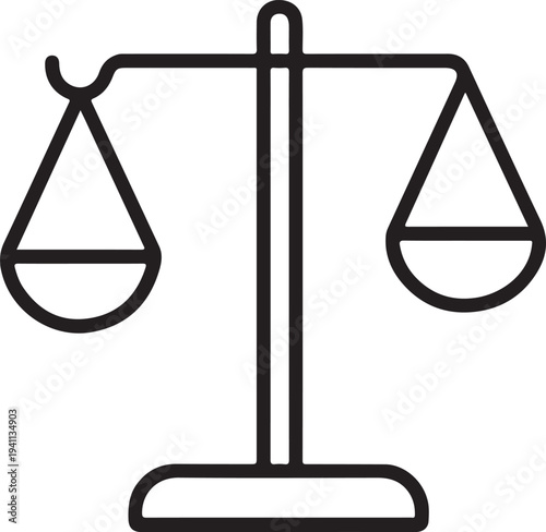 Minimalist line drawing of a tilted balance scale with empty pans, symbolizing justice, fairness, and decision-making.