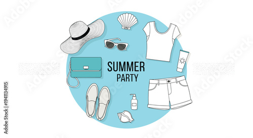 Summer party flat lay illustration showcases beach essentials like hat, sunglasses, top, and sunscreen on a blue circle.