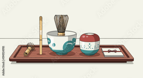 Japanese Tea Ceremony Set: Matcha Whisk, Bowl, and Tea Caddy on Tray