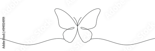 Minimalist continuous one line drawing of a butterfly with wings spread for elegant nature design. Editable stroke outline. Single contour art. Doodle hand drawn vector illustration