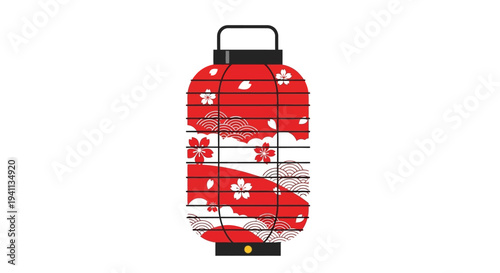 Japanese Red Lantern with Cherry Blossoms and Waves Pattern
