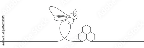 Continuous one line drawing of a honey bee flying near a geometric honeycomb structure. Editable stroke outline. Draw thin linear width. Single contour art. Doodle hand drawn vector illustration