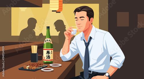 Man enjoying sake and yakitori at a Japanese bar, relaxing evening ambiance
