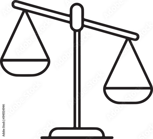 Minimalist line drawing of a tilted balance scale with empty pans, symbolizing justice, fairness, and decision-making.
