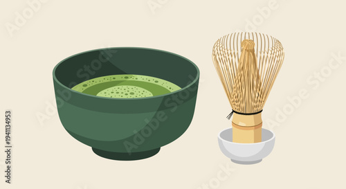 Matcha Green Tea Bowl and Bamboo Whisk (Chasen) - Traditional Japanese Drink Preparation