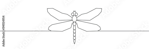 Minimalist continuous one line drawing of a dragonfly insect with wings spread on horizontal line. Editable stroke outline. Single contour art. Doodle hand drawn vector illustration