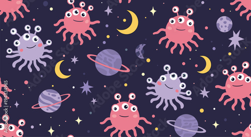 Adorable space monsters and cosmic elements including planets and stars form a fun seamless pattern on a dark purple sky.