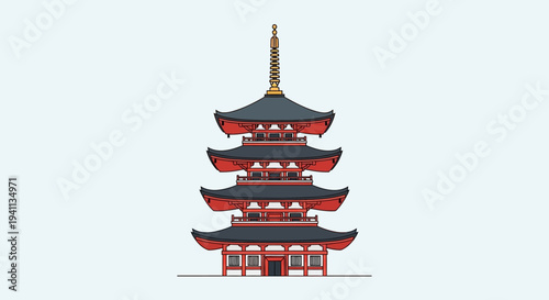 Pixel Art Japanese Pagoda Temple Architecture, Traditional East Asian Building