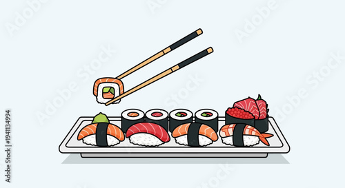 Pixel Art Sushi Platter with Chopsticks Holding a Roll