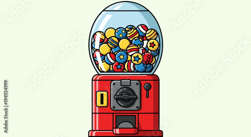 Retro Red Gumball Machine Filled with Colorful Gumballs and Stars