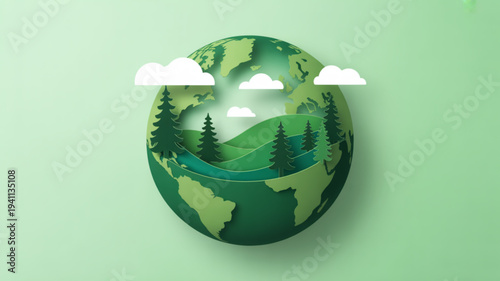 Eco friendly earth with lush green landscape and clouds on a light green background symbolizing environmental conservation and sustainability