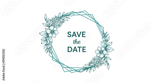 Elegant save the date invitation design features a geometric frame adorned with delicate green floral line illustrations.