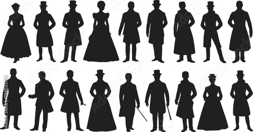 Victorian era men and women silhouettes collection in elegant vintage historical clothing, classic society characters set isolated on light background illustration