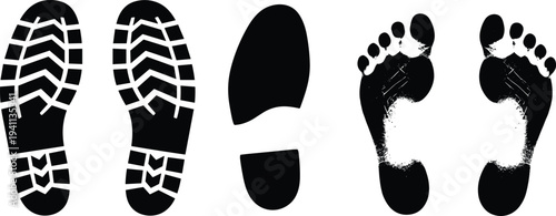 Silhouette illustration of four different footprint types including boots, shoes, and bare feet, symbolizing footwear variety, human presence, forensic analysis, and lifestyle concepts