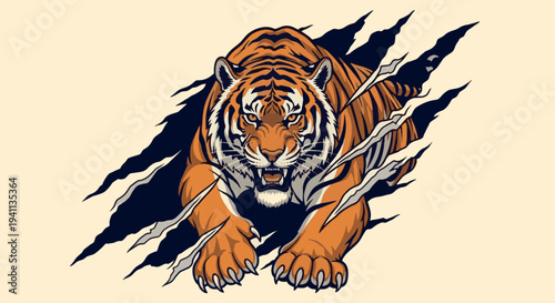 Angry Tiger Lunging Through Ripped Paper Background