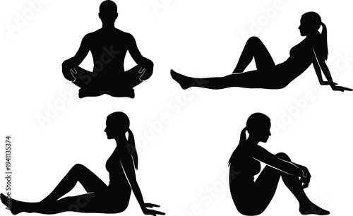 Black silhouette illustration showing four different seated human poses including meditation, relaxation, yoga, and contemplation positions for exercise, wellness, and lifestyle design concepts
