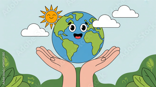 Smiling earth globe with hands sunny day clouds and green landscape symbolizing environmental care and sustainability