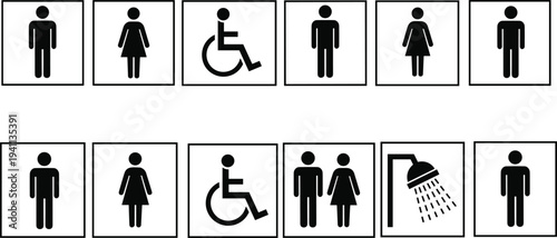 Black and white restroom and facility pictogram icons set including male, female, accessible, unisex, and shower symbols for public signage and wayfinding design
