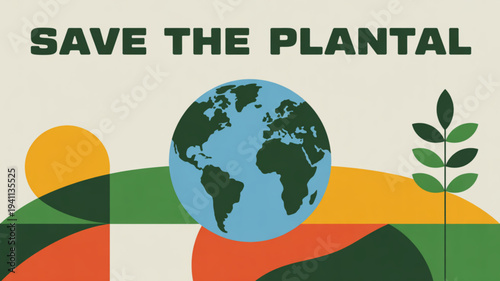 Earth with a growing plant and colorful abstract background representing environmental conservation and sustainability