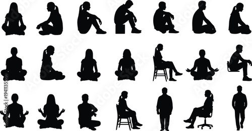Silhouette illustration of twenty individuals in diverse seated and meditative postures, representing body language, relaxation, yoga, lifestyle concepts, and human figure design studies