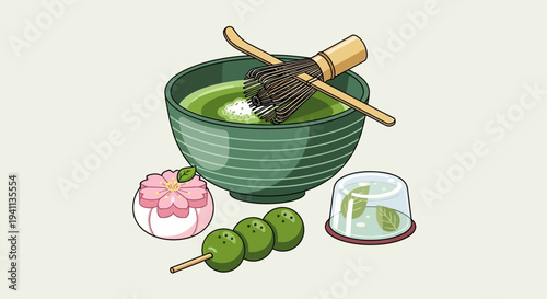 Japanese Matcha Tea Ceremony Set with Sweets and Dango Skewers