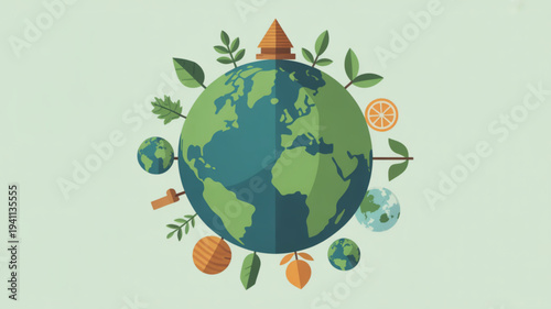 Earth surrounded by leaves fruits and smaller globes symbolizing eco friendly living and sustainability on a light green background