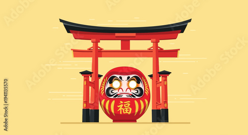 Japanese Torii Gate and Daruma Doll