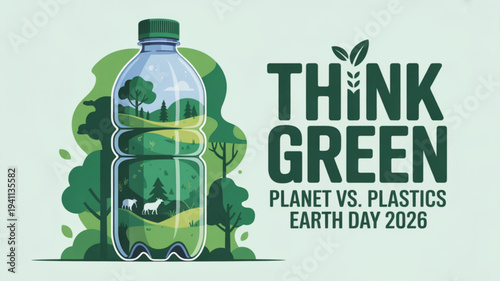 Earth day 2026 think green planet vs plastics eco friendly concept with bottle and nature inside