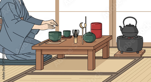 Japanese Tea Ceremony: Woman preparing matcha in traditional tatami room