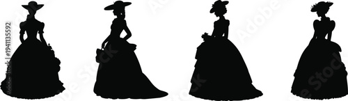 Victorian women silhouettes wearing elegant vintage dresses and hats, historical fashion lady characters collection isolated on light background illustration set
