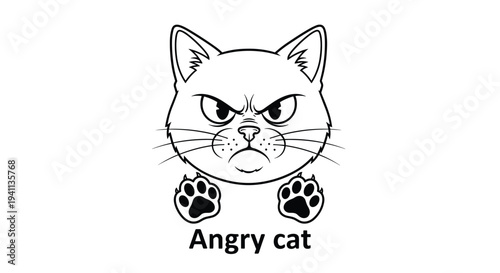 Expressive black and white line art shows an angry cat face with narrowed eyes and prominent whiskers above its paws.
