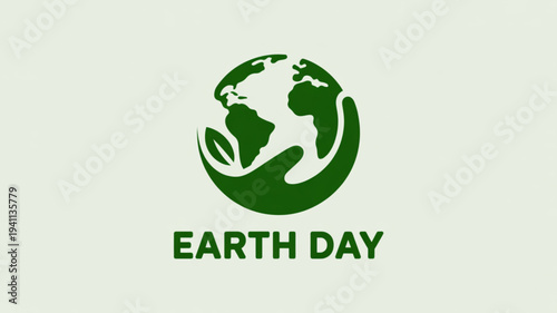 Green earth day logo illustration featuring globe cradled in hands symbolizing environmental protection and conservation efforts worldwide