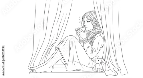 Relaxing line drawing captures a woman sitting on a windowsill wrapped in a blanket while drinking a warm cup of coffee.