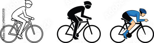 Stylized illustration of three cyclists in different postures, showing progression from outline to silhouette to full color, representing cycling styles, speed, and aerodynamic efficiency