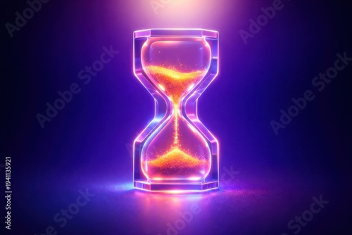 Glowing hourglass with sand falling through representing passage of time and concept of urgency