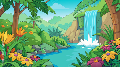 Exotic Jungle Waterfall with Mist and Tropical Flowers Vector Illustration